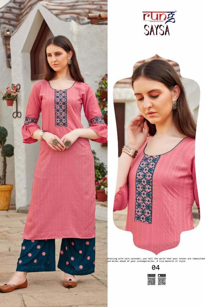 Rung Sasya Heavy Slub Latest Fancy Designer Casual Wear  Lining With heavy Hand Work Rayon With Embroidery Work Western Kurti With Bottom Collection
